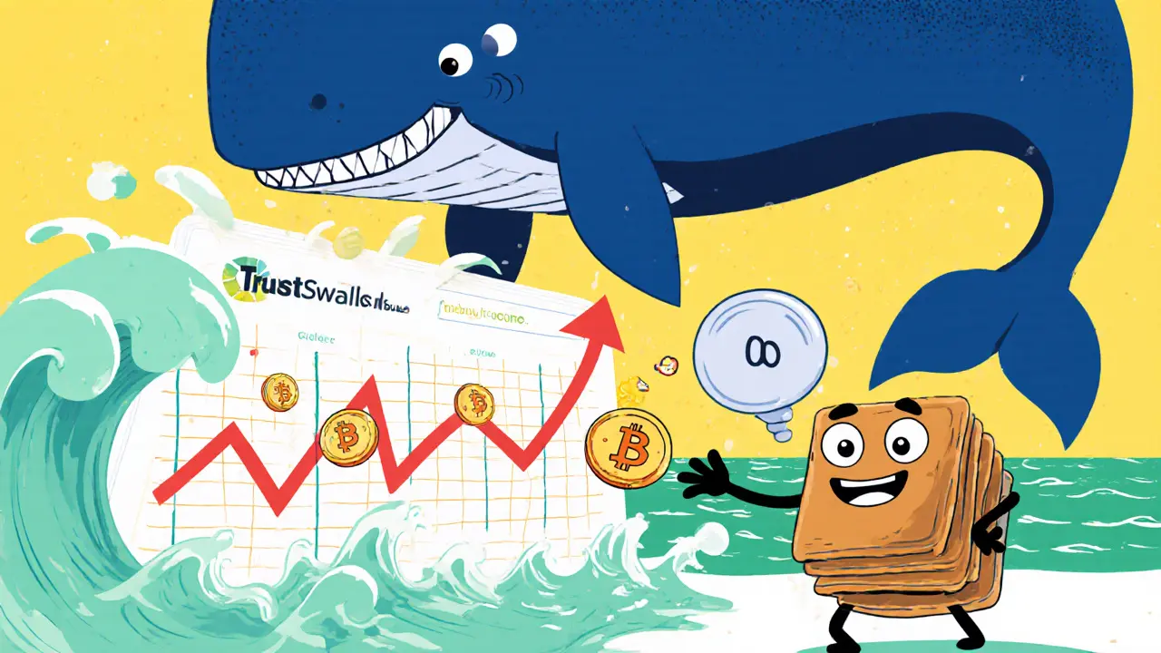 Cartoon wallet trying to trade on PancakeSwap while a huge whale creates chaotic price waves.