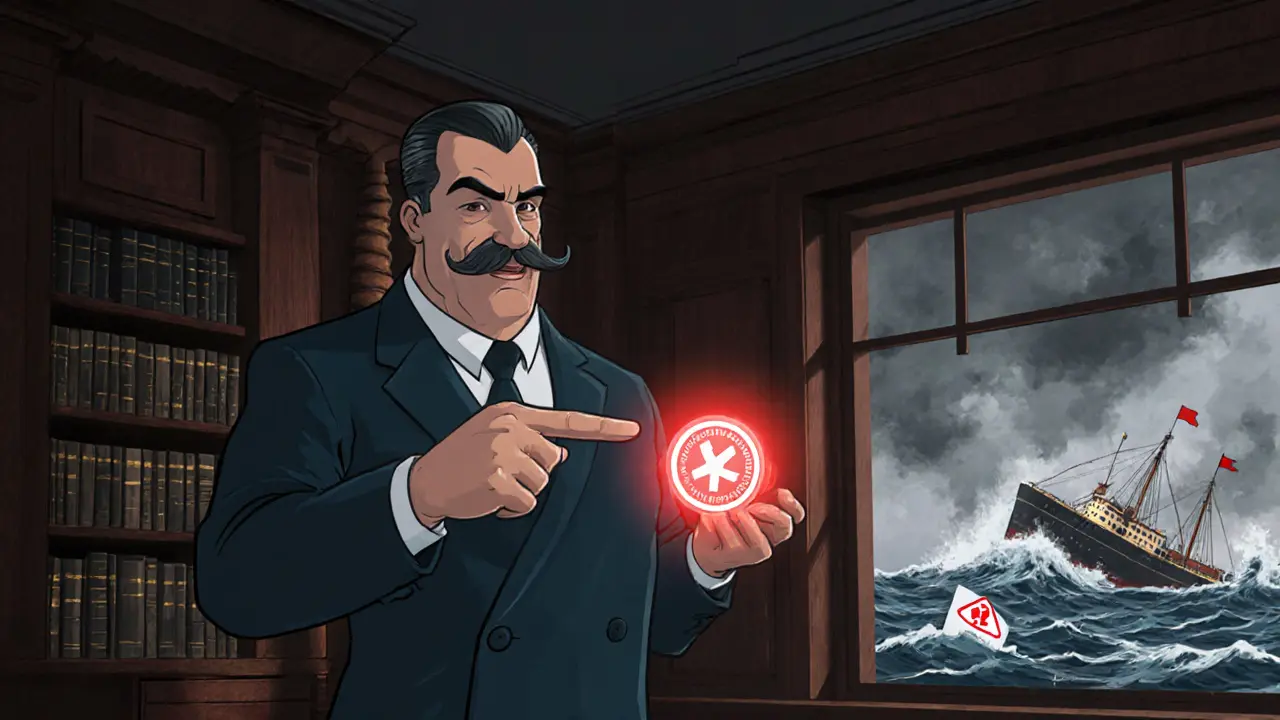 Regulatory inspector pointing at a tiny red token as stormy waves threaten it.