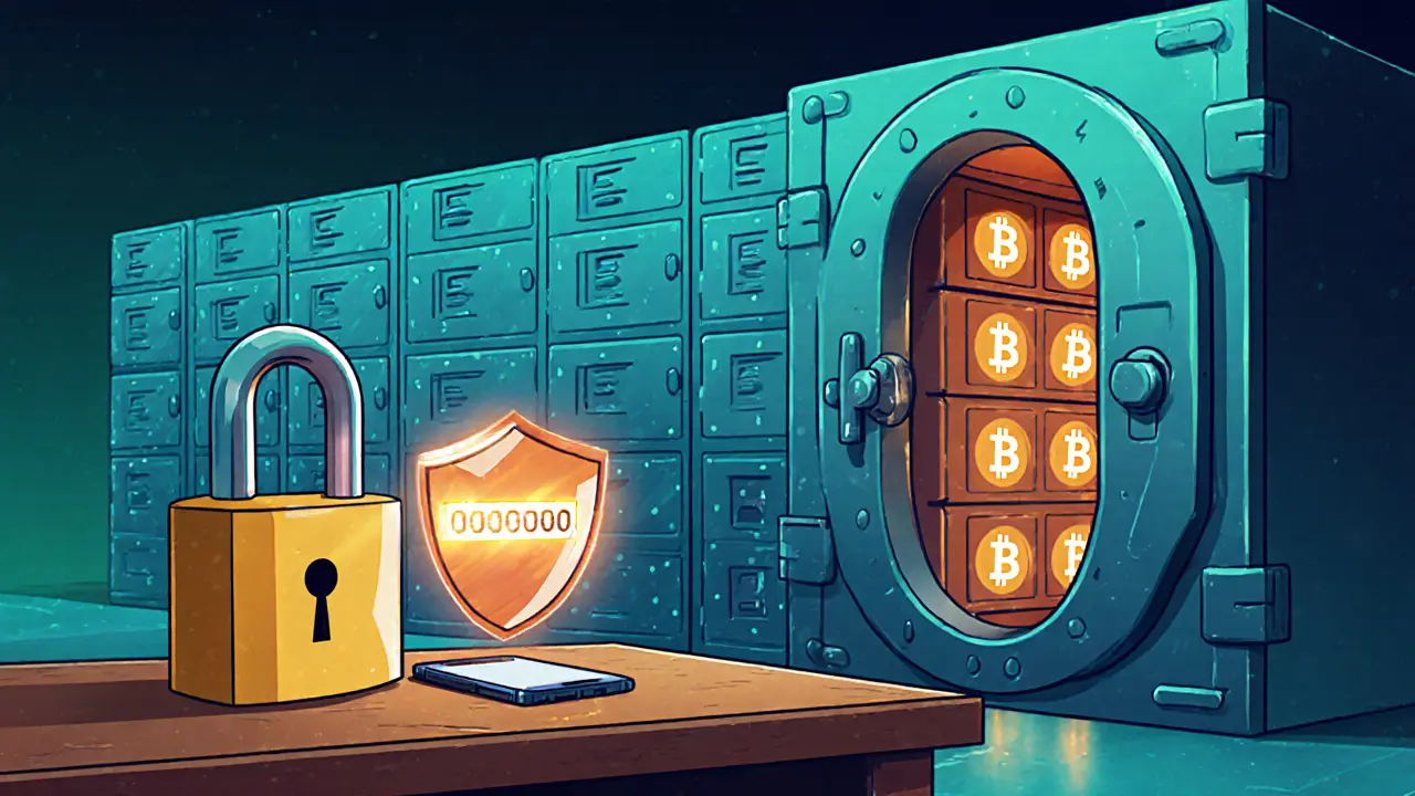 Cartoon scene of a lock, shield, and vault illustrating security measures with a phone showing 2FA.