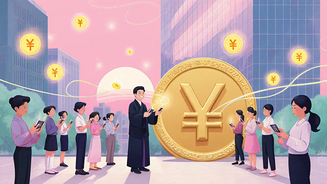 Citizens in a plaza happily using digital yuan tokens on devices, watched by a smiling official in a bright plaza.