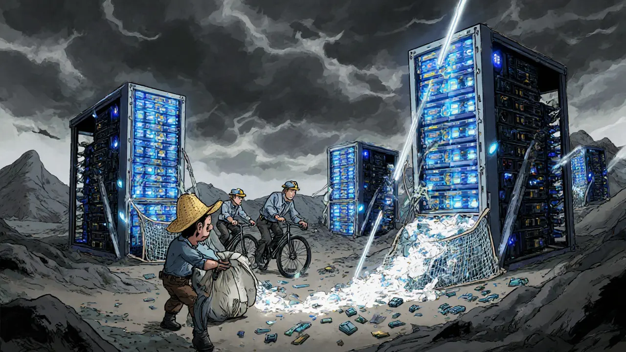 Mining rigs being seized by uniformed officials with nets in a stormy valley, a miner dropping equipment.