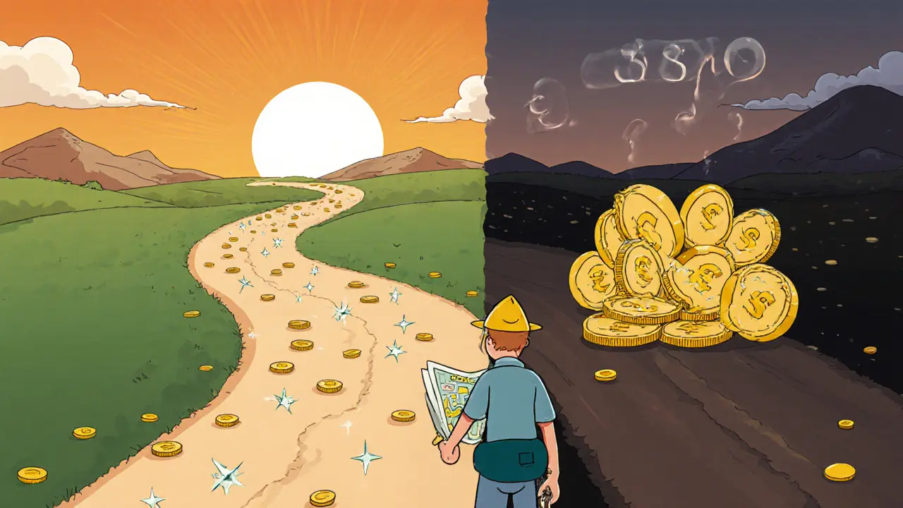 Person at a crossroads choosing between a light coin path and a heavy coin path representing fee differences.