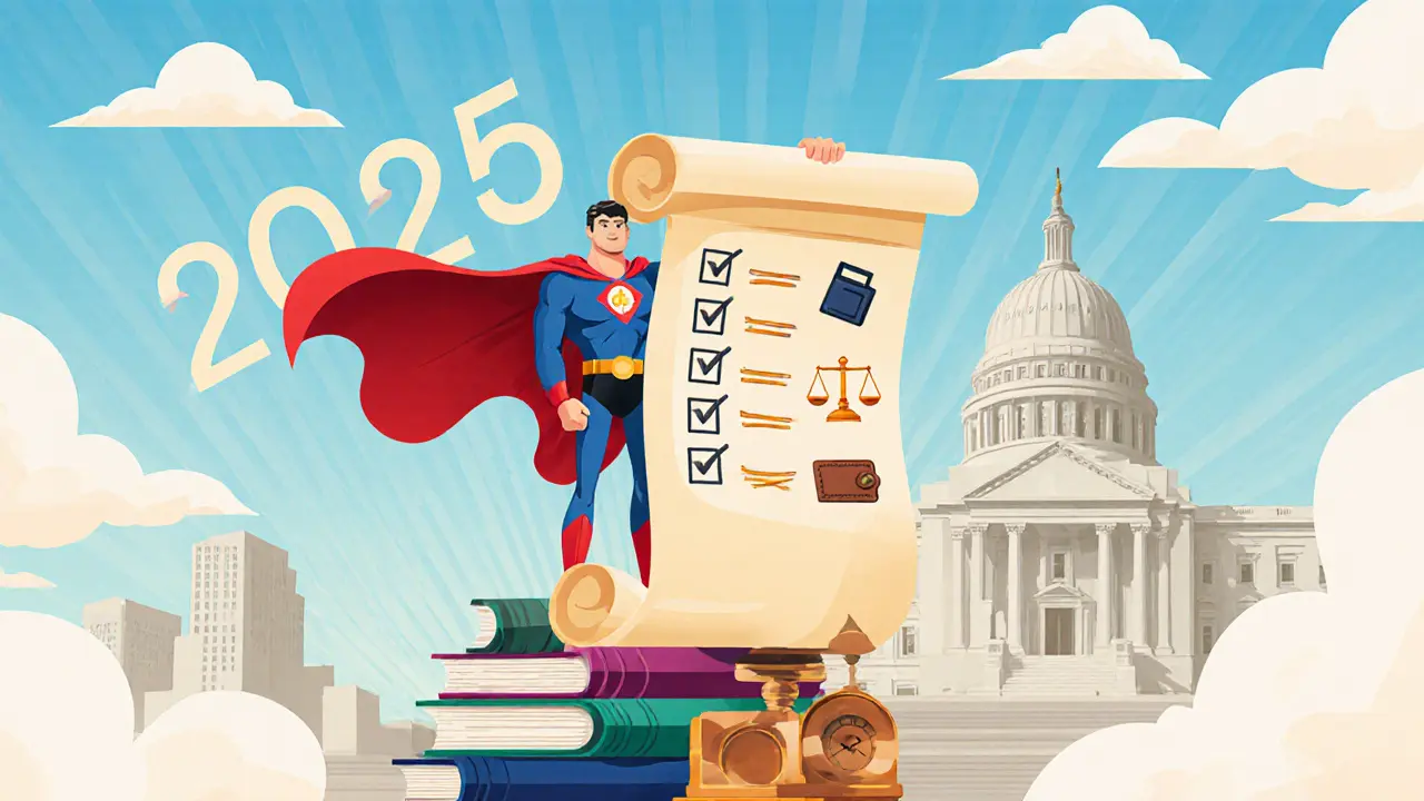 Caped accountant displays a scrolling checklist against a towering justice building.