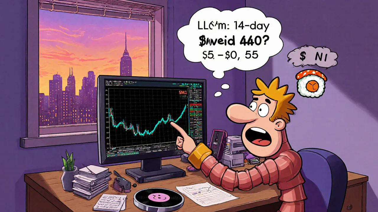 Cartoon trader reviewing LMT price chart and DEX liquidity on a desk.