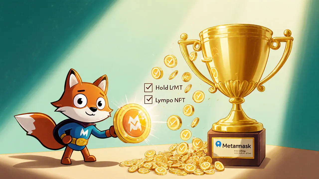 Cartoon user connects wallet and claims LMT airdrop, tokens appear.