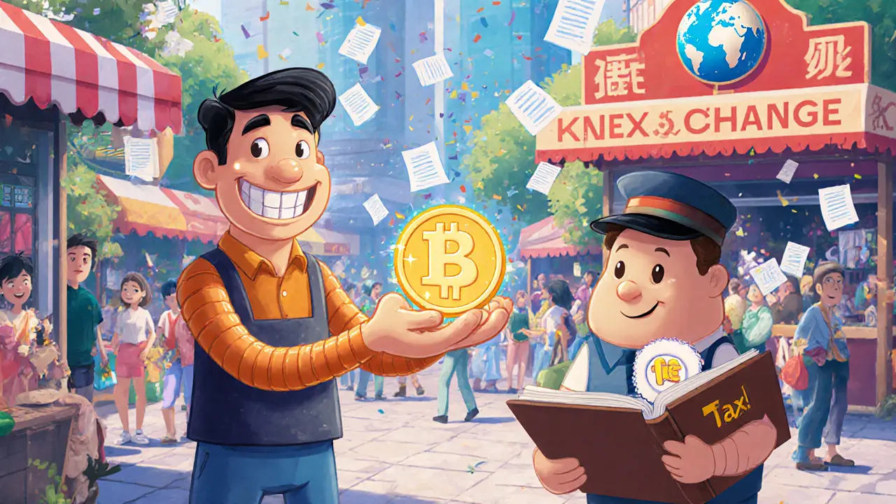 Market scene with vendor handing digital token, tax collector holding ledger nearby.