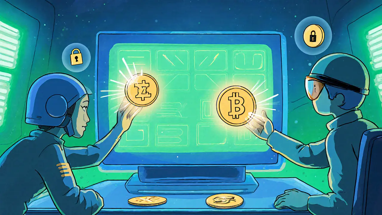 Cartoon characters swapping EXZO tokens on a futuristic DEX terminal.