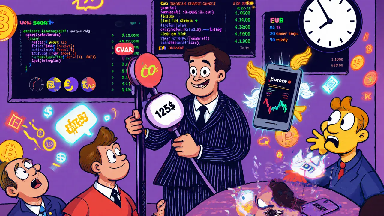 Cartoon trader pulls a 125× lever while phones and panels show spot trading and API code.