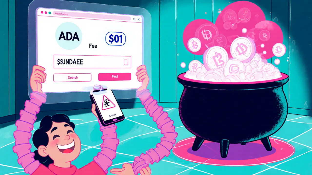 Cartoon user swapping ADA for $SUNDAE on a holographic UI showing a <h2>Liquidity & TVL Snapshot</h2>.01 fee.