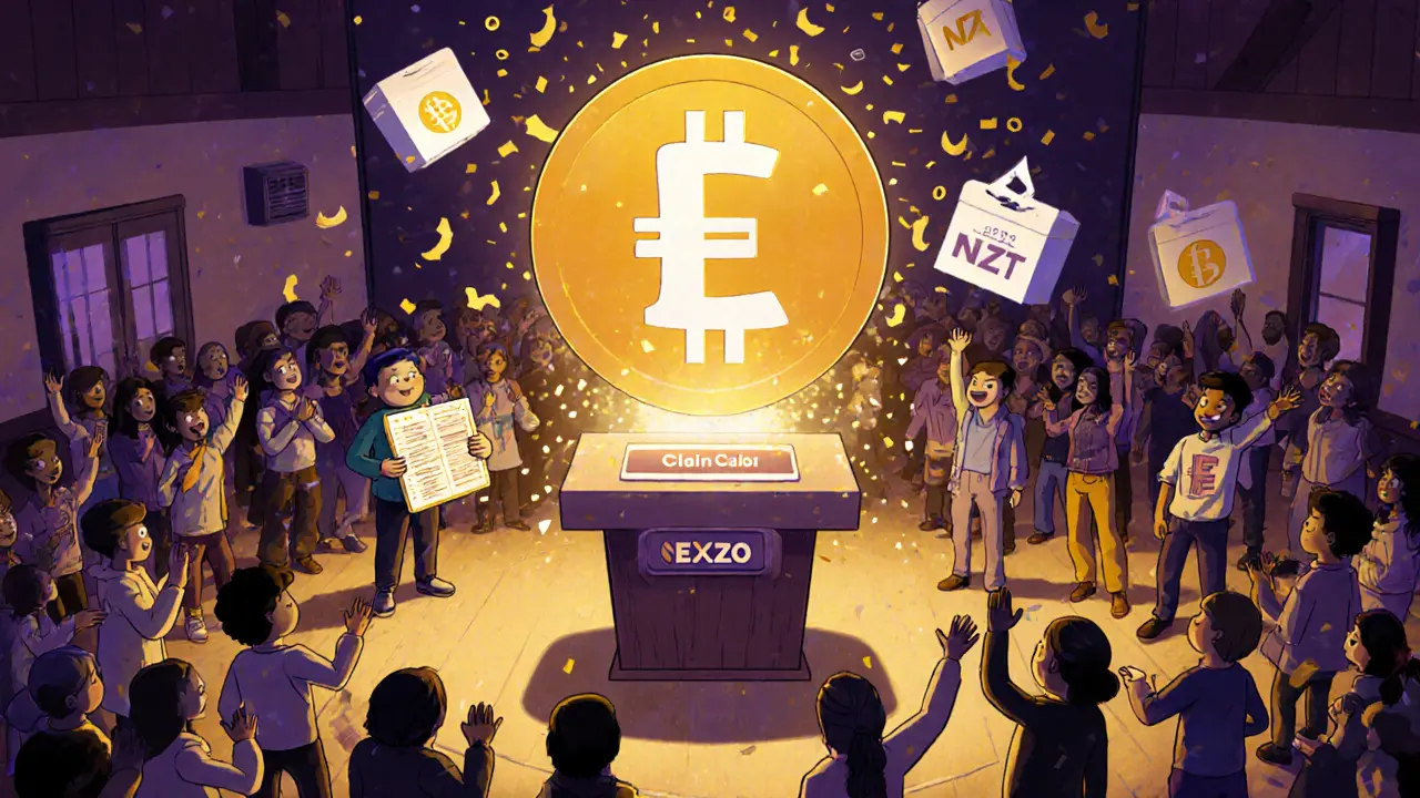 Community gathering celebrating EXZO token claim and voting.