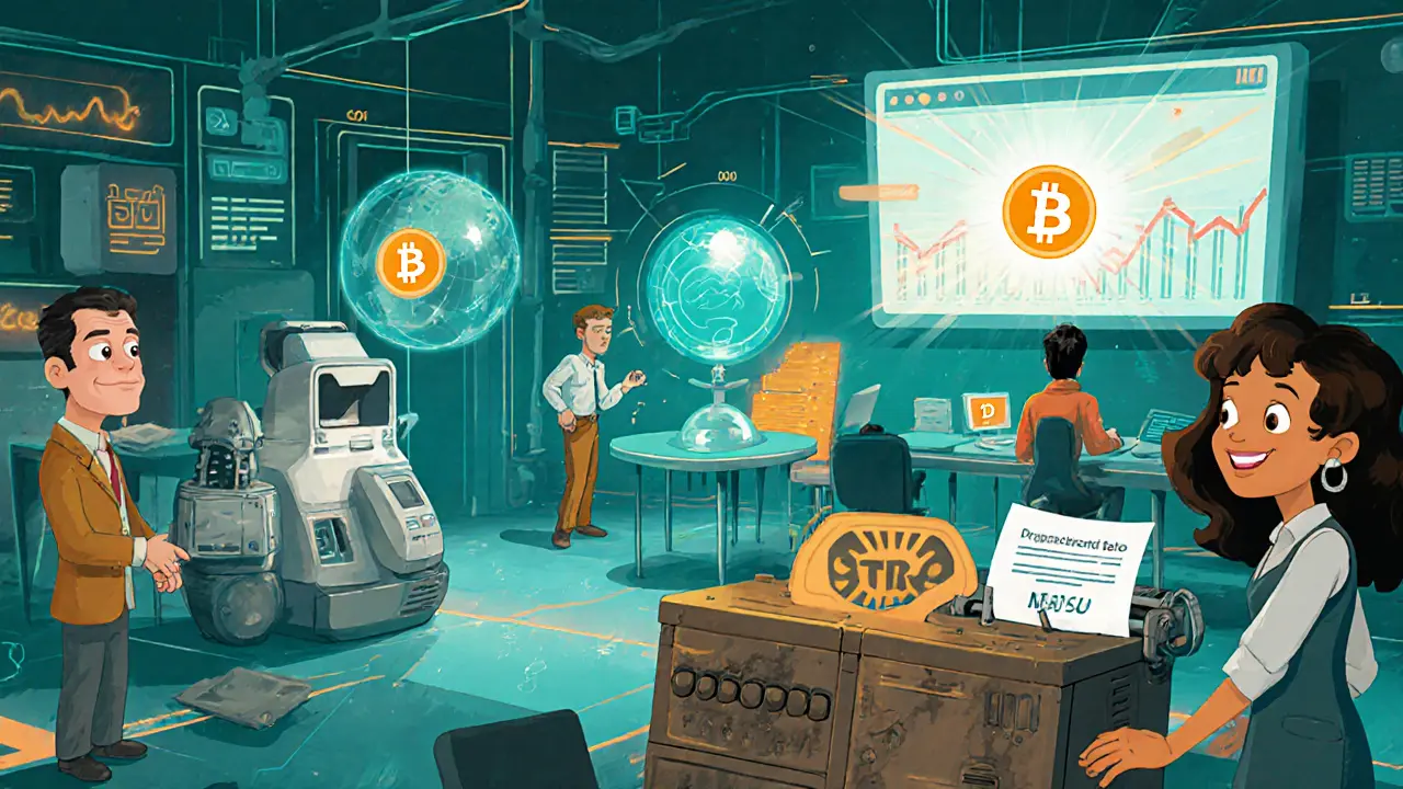 Fintech office with biometric scanner, blockchain globe, and flashing crypto alert report.