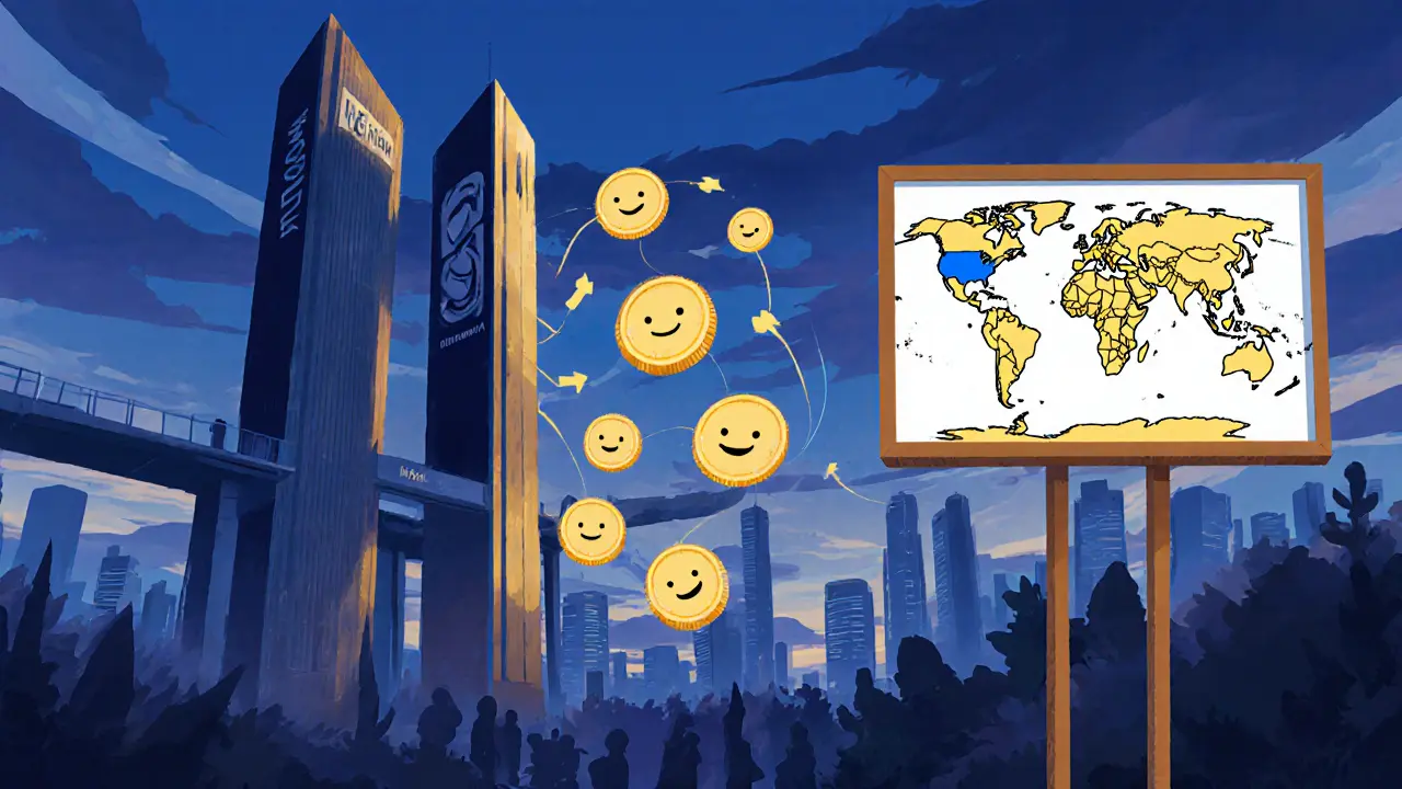 Future Colombian skyline with crypto subsidiary releasing stablecoins and regional map.