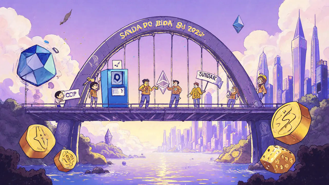 Futuristic bridge connecting Cardano and Ethereum with voting and futures trading cartoons.