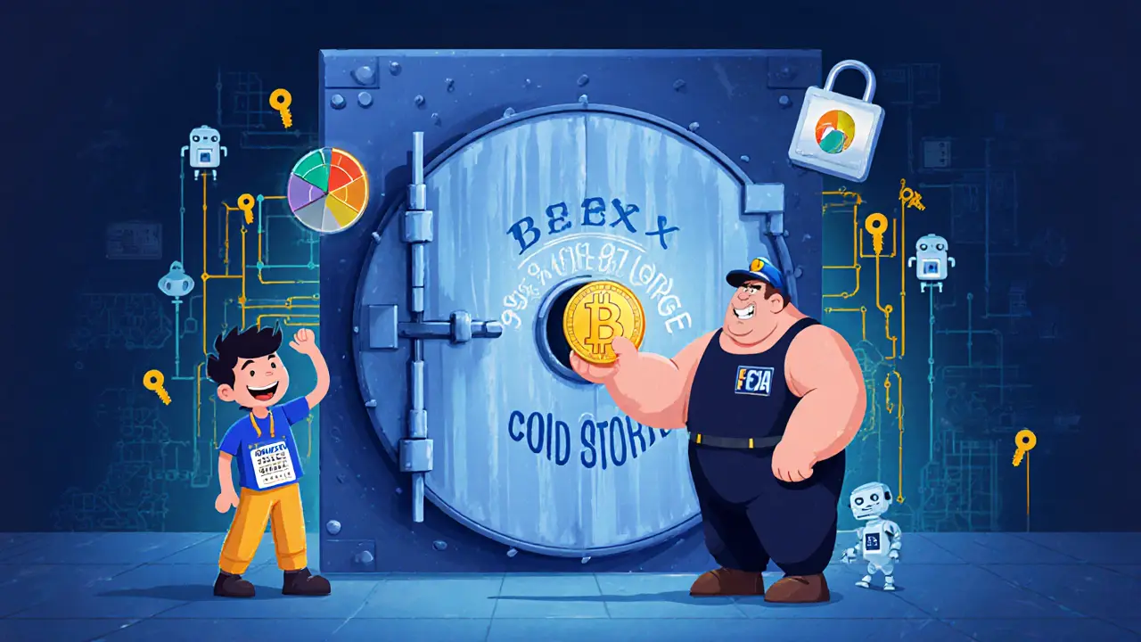 Vault door labeled 95% cold storage guarded by a security guard and a user depositing Bitcoin.