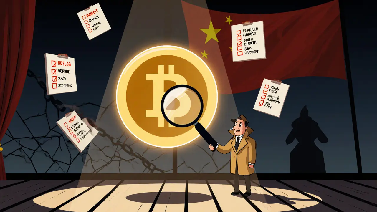 Cartoon detective examining a CHIDO token surrounded by red‑flag checklist icons.