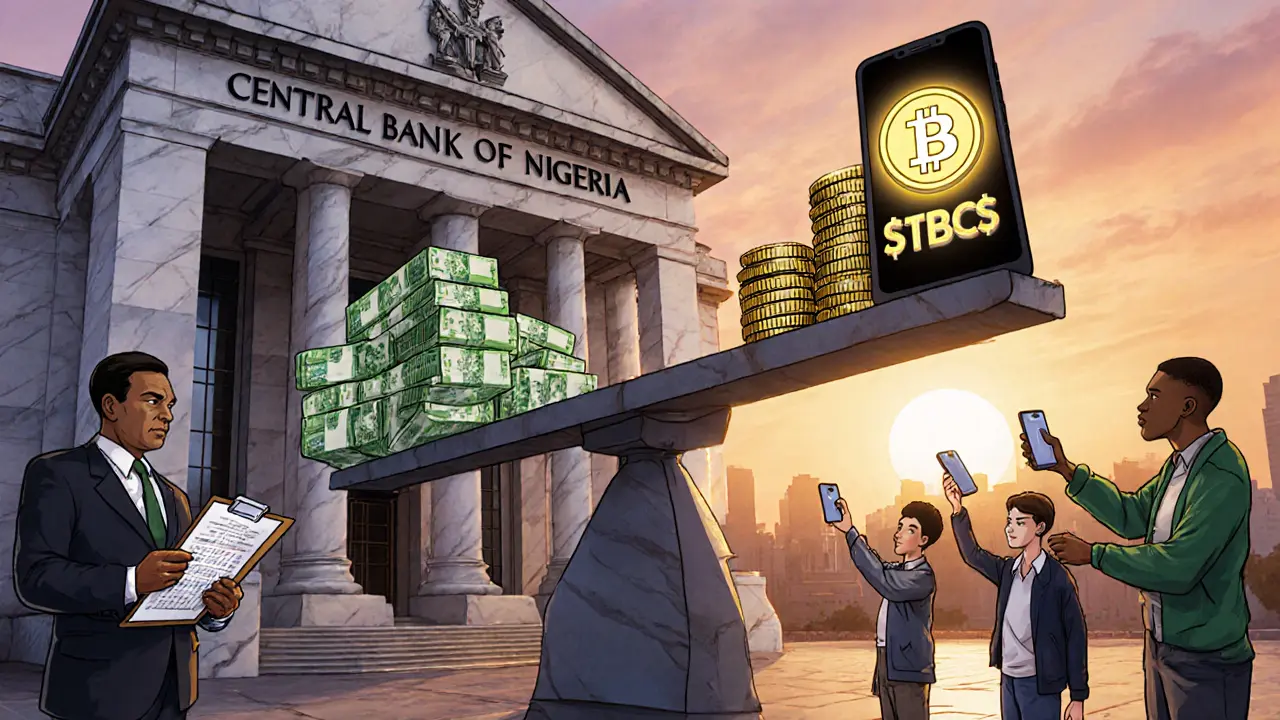 CBN building with a scale balancing Naira and digital tokens, regulators and hopeful youths with smartphones.