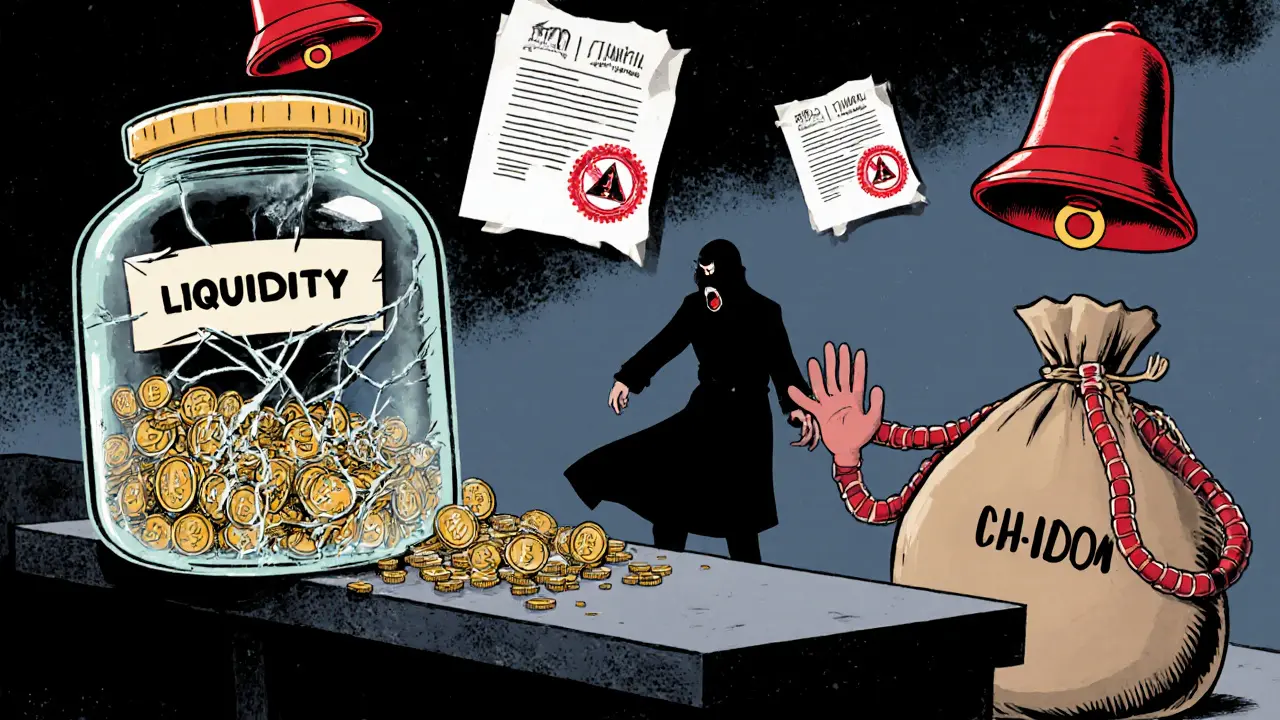 Cracked glass jar spilling CHIDO tokens as a shady figure drags a large sack away.