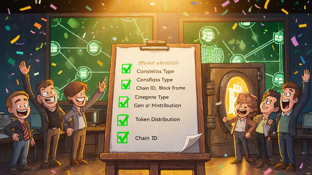 Developers celebrate with a checklist, computer console, and opening vault.