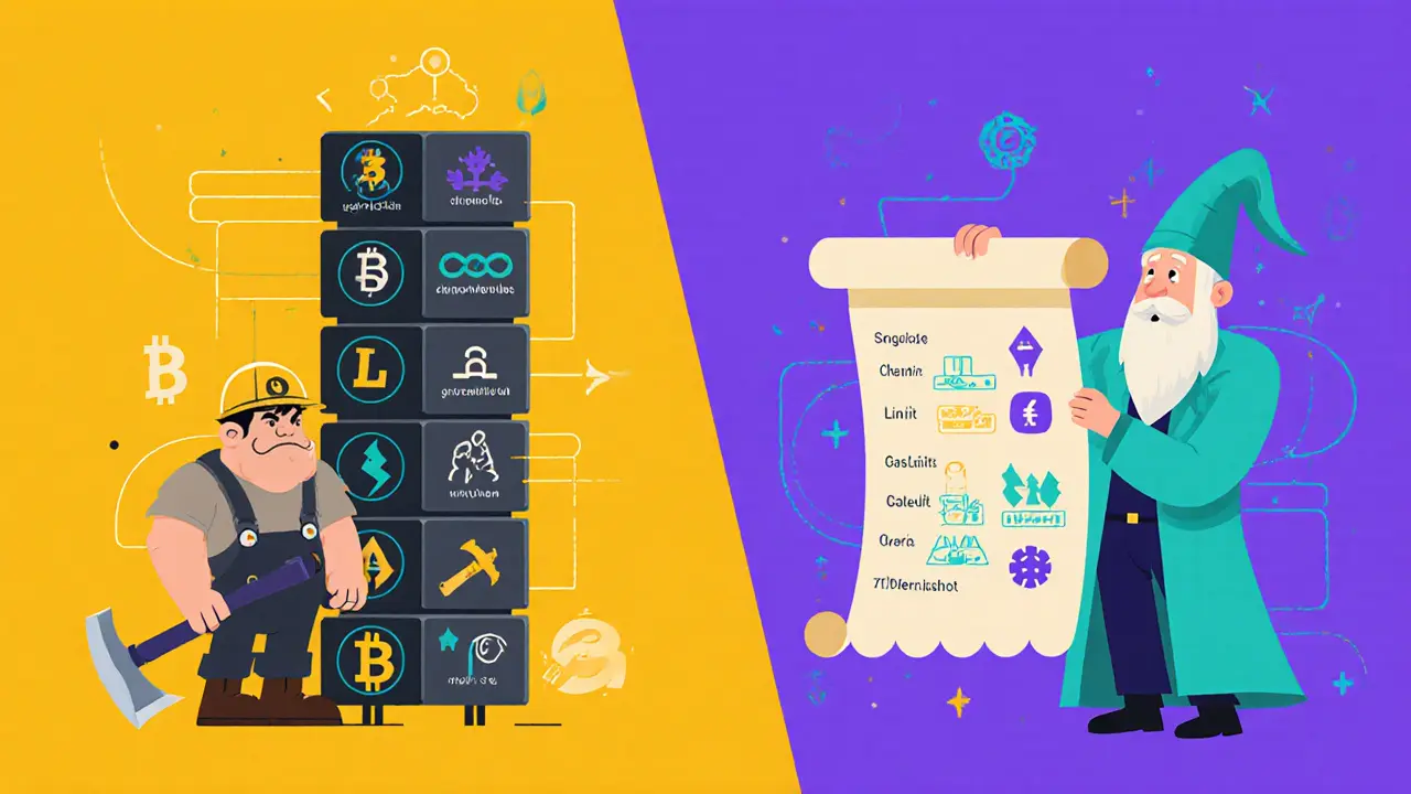 Miner and wizard compare Bitcoin and Ethereum genesis settings in a split scene.