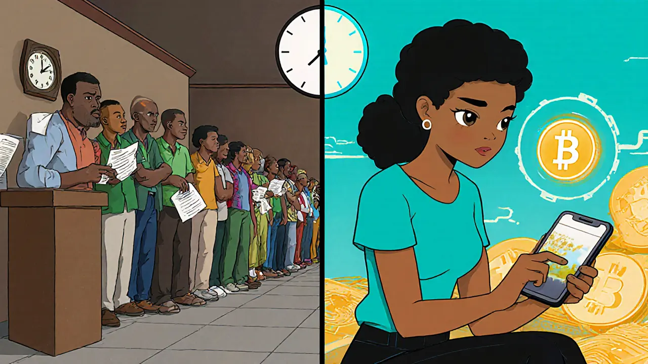 Side‑by‑side of a crowded bank queue and a woman on a rooftop making a fast USDT transfer on her phone.