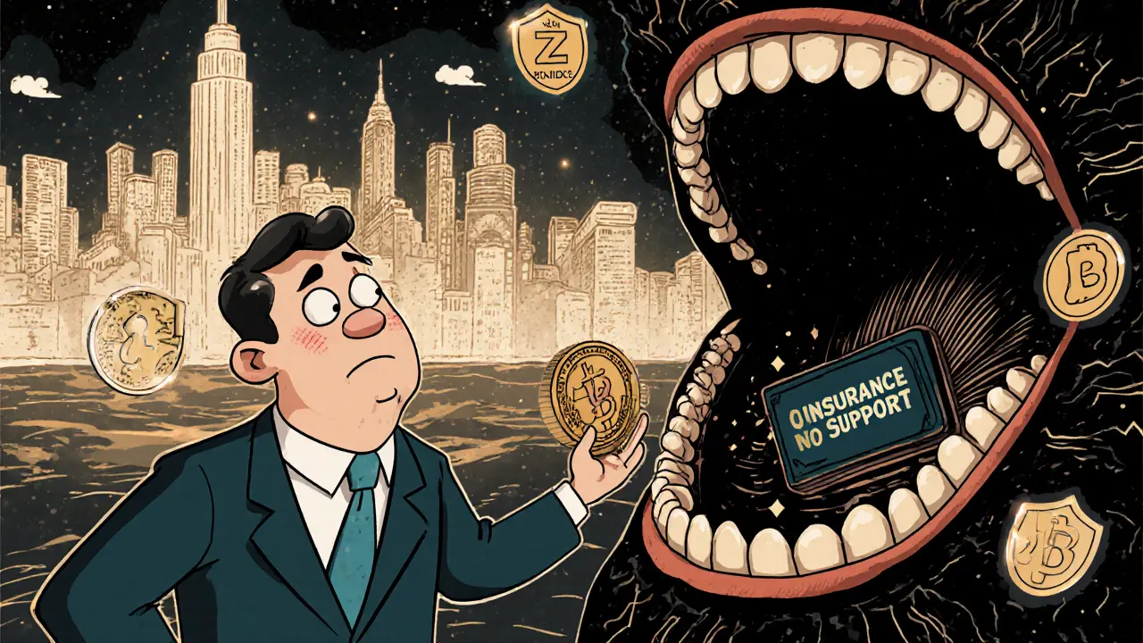A confused investor depositing crypto into a mouth-shaped exchange while safer platforms shine in the background.