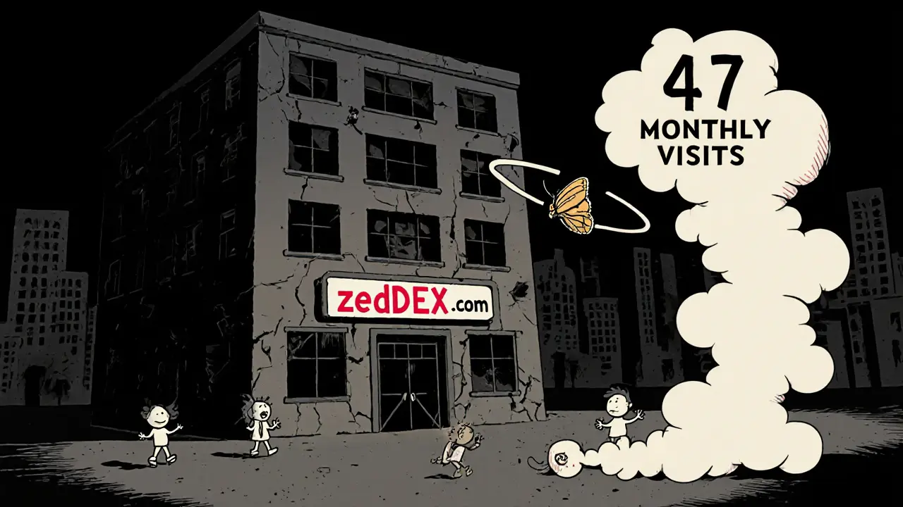 An abandoned Zeddex Exchange building in a cyber-city with a flickering sign and only 47 visitors drifting away.