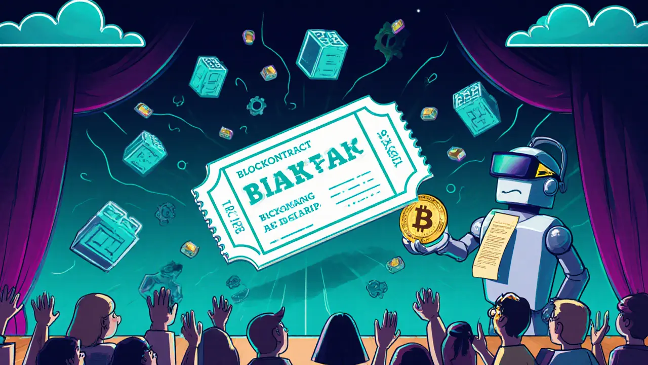 Animated blockchain blocks and a smart‑contract robot hand out airdrop token.