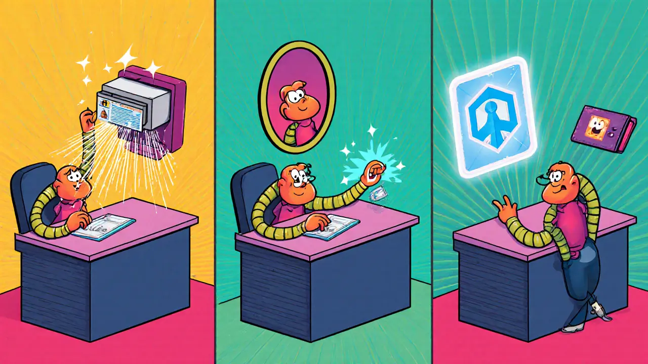 Cartoon character completes ID scan, facial check, and connects a wallet for airdrop verification.