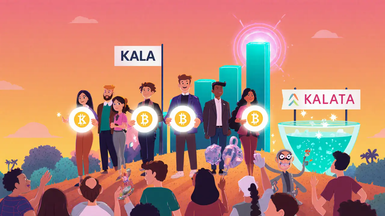 Cartoon crowd holding glowing KALA tokens with a rising chart and staking pool in background.