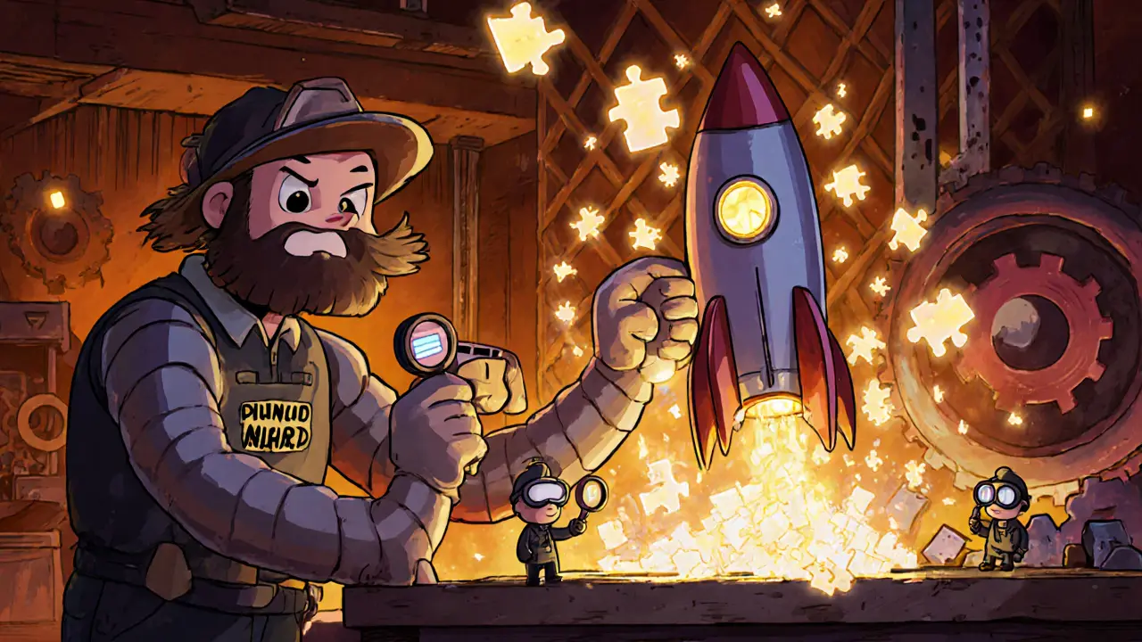 Cartoon engineer builds a rollup rocket using puzzle‑piece data blocks and tiny light‑node helpers.