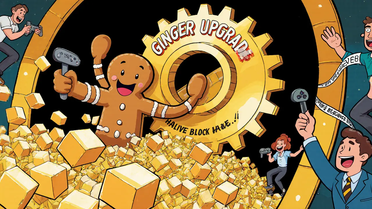 Cartoon gingerbread figure turns a gear as fast‑moving block parcels speed through, cheering users.