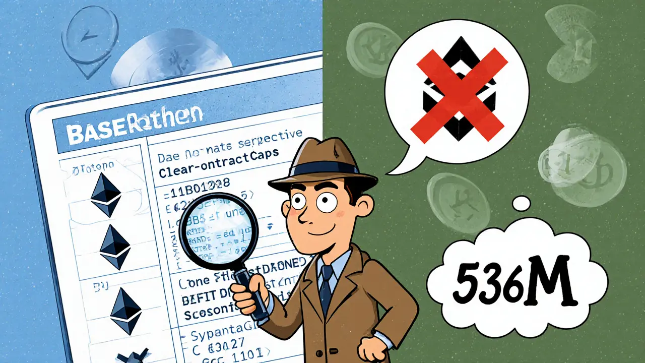 Detective examines Base blockchain details while a Solana logo is crossed out, with tokenomics numbers.