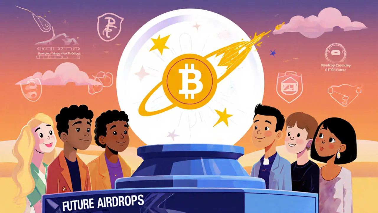 Group of avatars gaze at a crystal ball showing a rising UFI token with partnership icons.