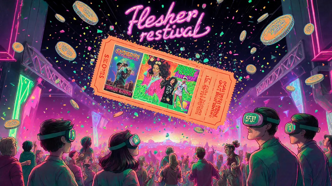 Hybrid festival with AR goggles and a morphing NFT ticket raining glittering tokens.