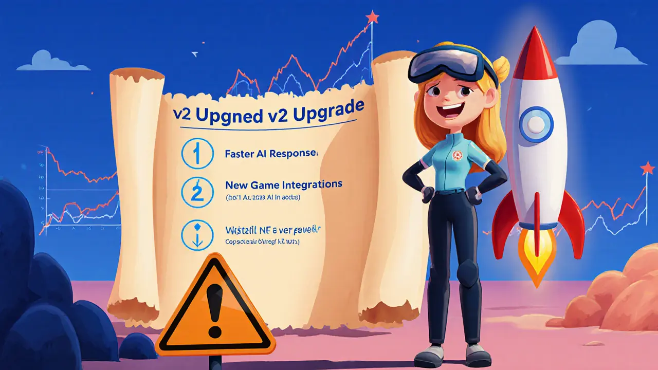 Keira stands beside a rocket marked v2 upgrade, with a roadmap scroll and caution sign.