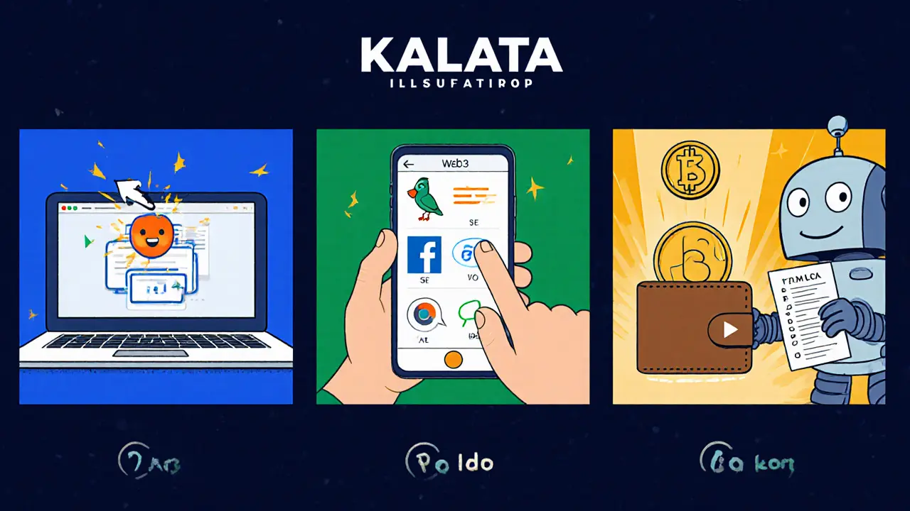 Three‑panel cartoon showing wallet connection, social actions, and a KALA token drop.