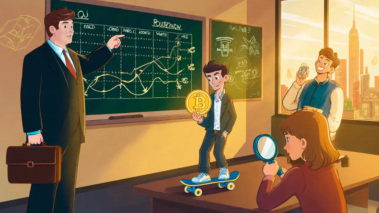 Boardroom with institutional investor, speculative trader, and arbitrageur discussing futures strategies.