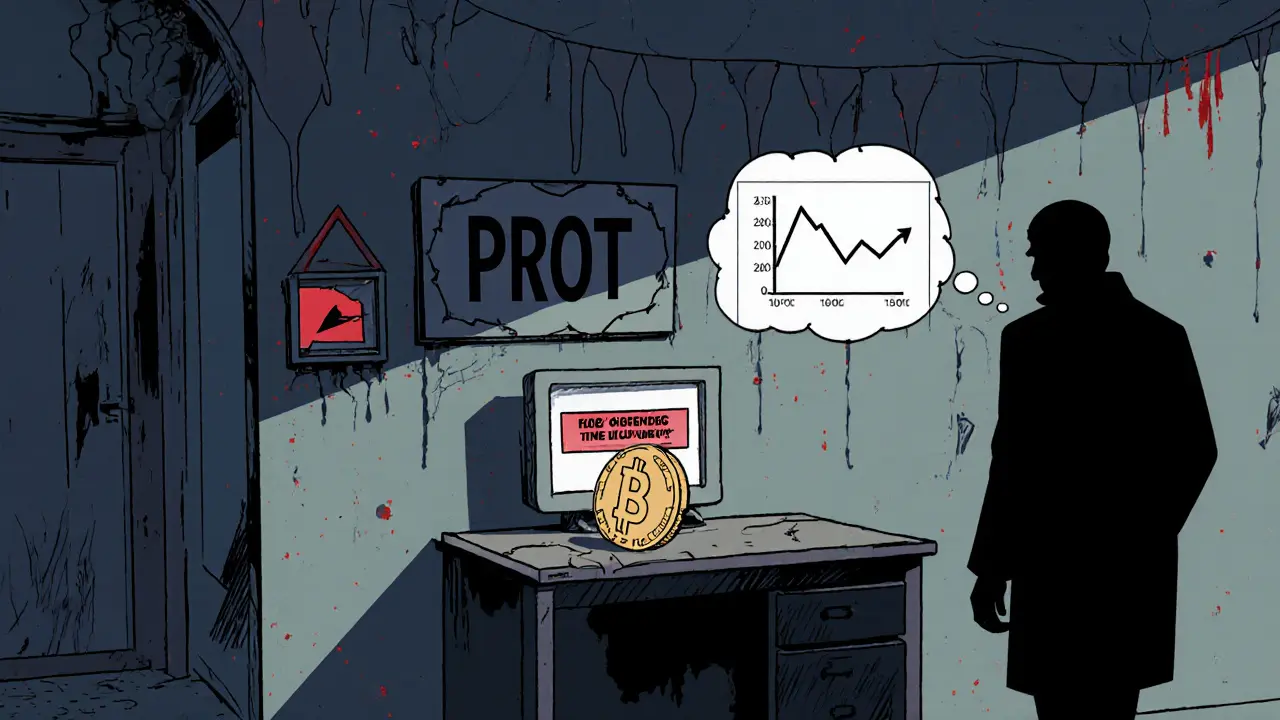 Cartoon scene showing a deserted PROT office with red flags warning of high risk.