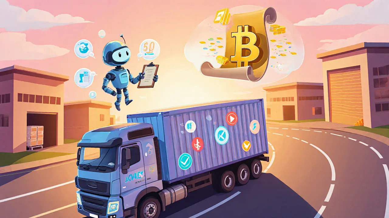 Cartoon truck with sensor bubbles, AI robot, and floating blockchain ledger triggering a smart contract.