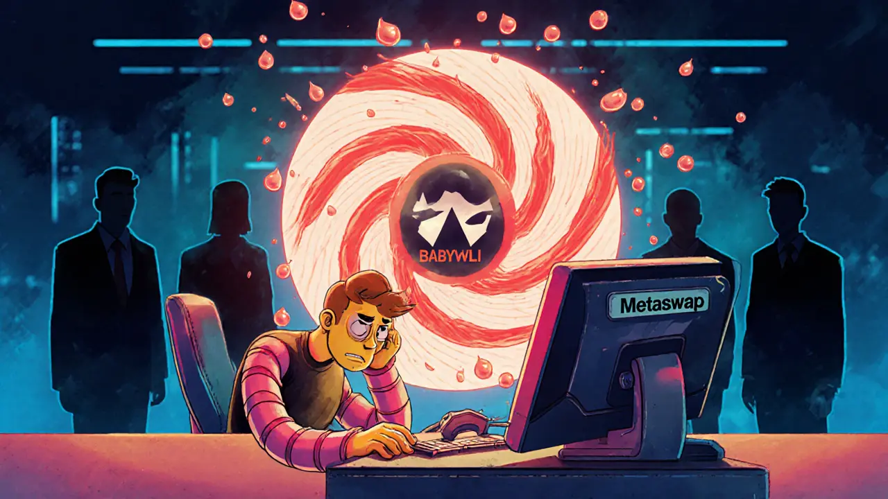 Cartoon user using MetaMask to swap ETH for BABYWLFI with swirling slippage.