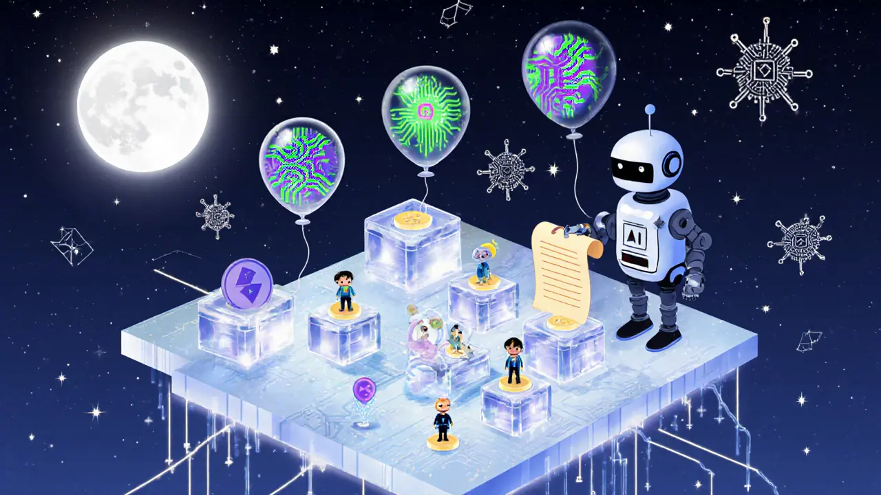 Futuristic marketplace of AI avatars and animated NFTs with smart‑contract robots adjusting royalties.