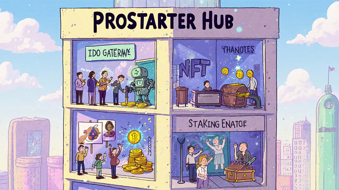 Illustration of a cartoon ProStarter hub with IDO, NFT, staking, and governance areas.