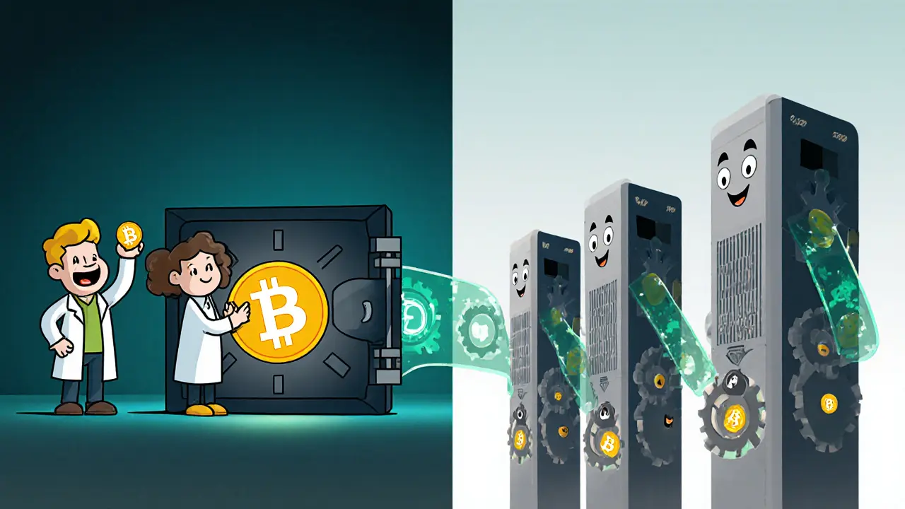 PoS validators locking tokens beside synchronized gear‑driven masternode towers.