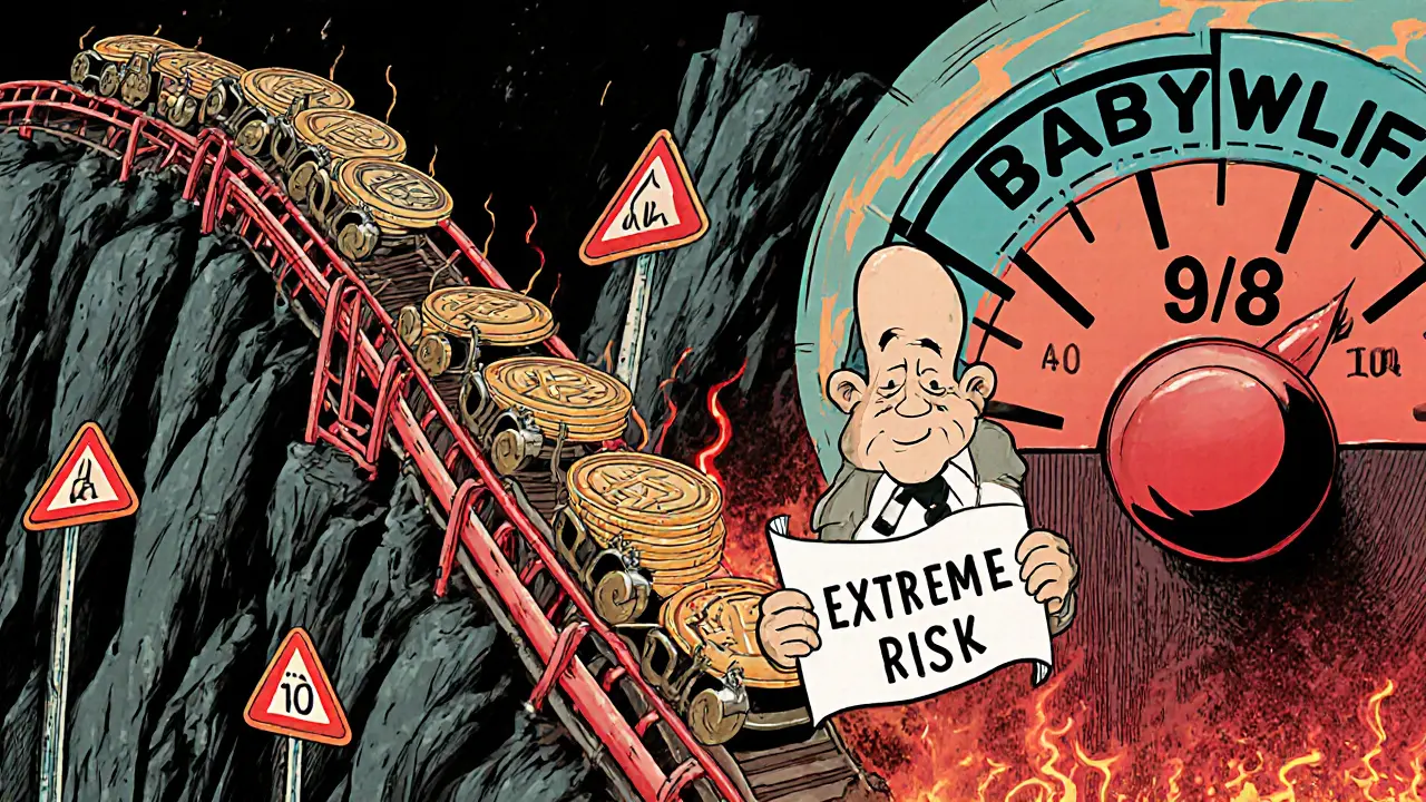 Roller‑coaster of BABYWLFI coins descending past red warning signs.