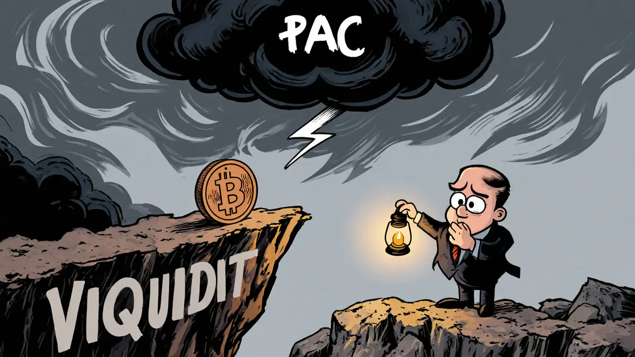Tiny PAC coin on a cliff under storm clouds with a nervous investor nearby.