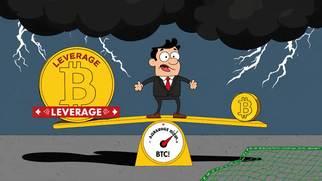 Trader on a seesaw with large Bitcoin coin and tiny micro contract, margin gauge warns of risk.