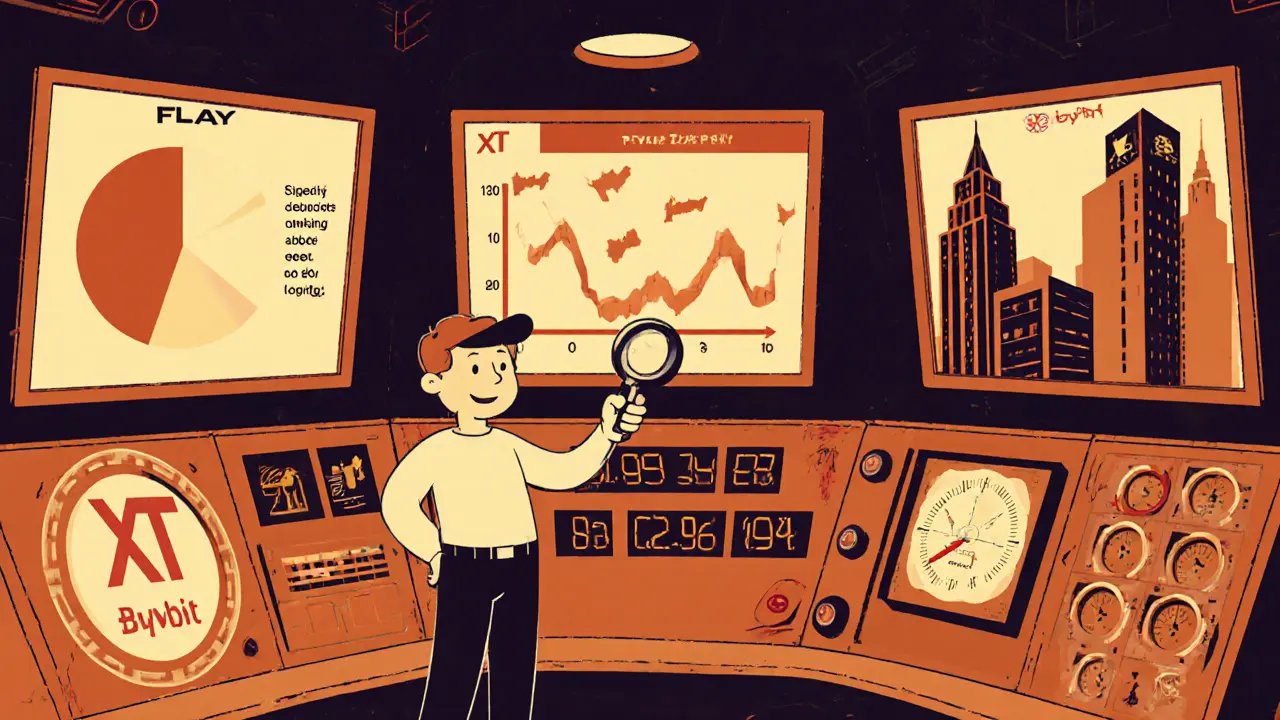 Cartoon investor in a retro control room with screens showing FLAY supply, price, and exchange symbols.