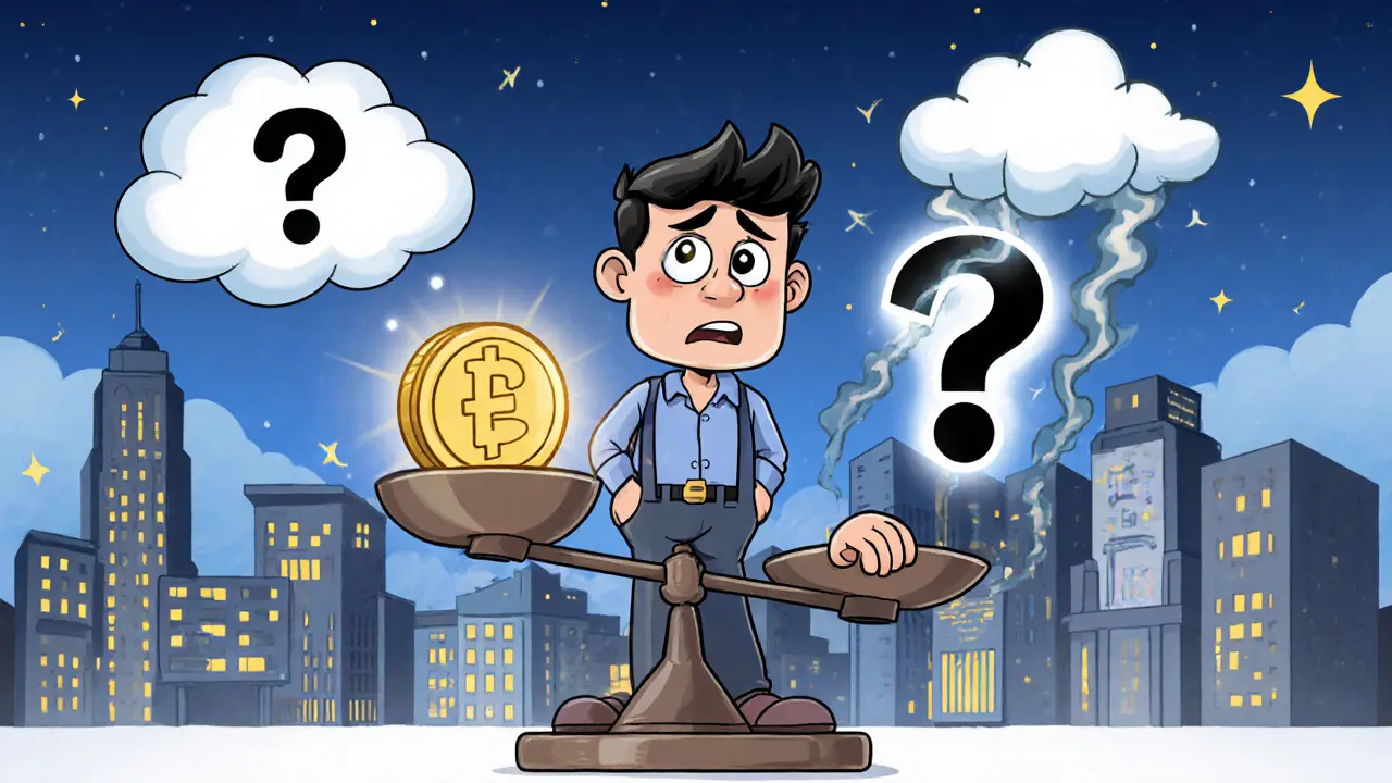 Cautious trader balancing a FLAY token on a scale against risk clouds in a futuristic city backdrop.