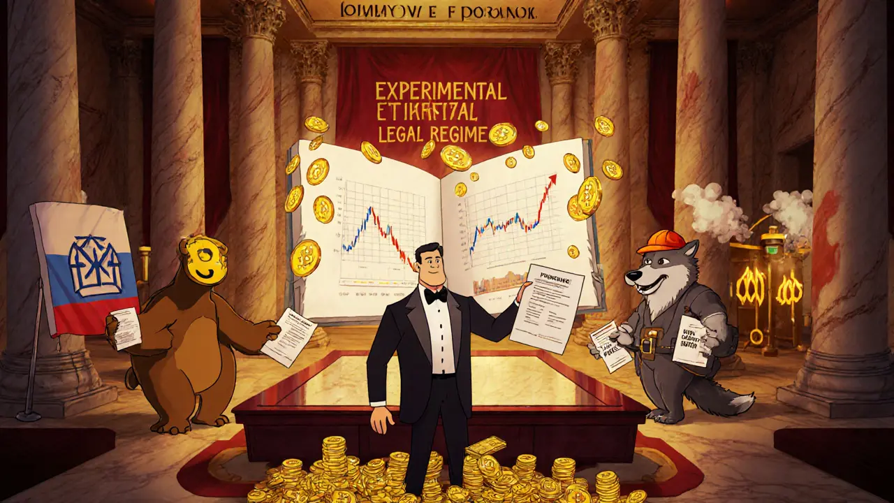 Conference hall with animated ledger, investors, Sberbank bear and Exchange wolf, and a mining rig.