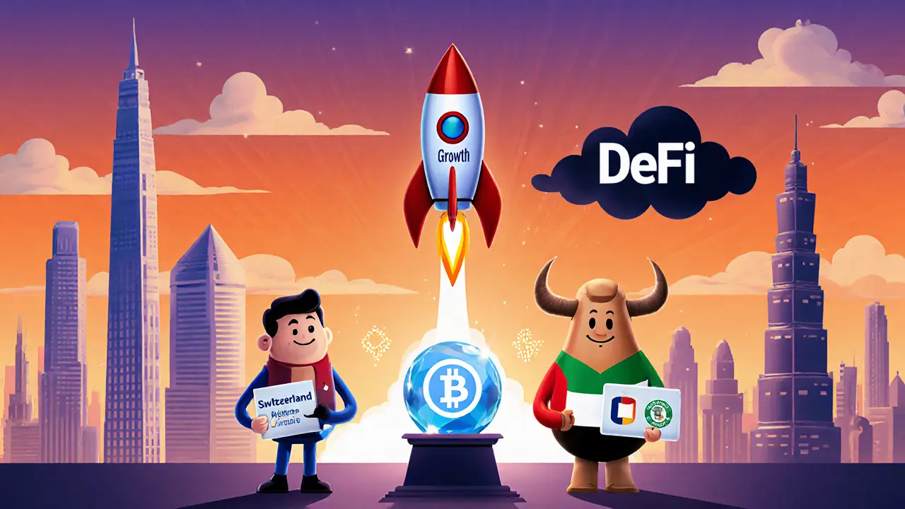 Futuristic skyline with a growth rocket and friendly countries holding crypto licences.